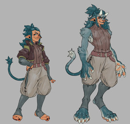 anthro arm_warmers armwear belt blue_body blue_fur blue_hair bottomwear claws clothing duo ear_accessory fangs female finger_claws footwear fur hair hand_on_hip jacket long_hair long_tail looking_aside pawpads pointy_ears shorts smug socks standing stirrup_socks sweater sweater_vest tail tan_body tan_skin teeth toe_claws topwear transformation vest pavanz dungeons_and_dragons hasbro wizards_of_the_coast gingko_(pavanz) animal_humanoid felid humanoid mammal tabaxi full-length_portrait hi_res model_sheet portrait