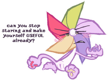 blush dialogue female flustered genitals paws pinwheel solo text vulva clockstops3am conditional_dnp stonerobjectum object_shows michael_(lots) animate_inanimate dire_animate_inanimate english_text hi_res