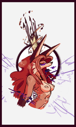 anthro black_border border breasts clothing crown eyes_closed female hair headgear magic red_hair simple_background solo torn_clothing white_background savielle lithyas_(savielle) canid mammal 2025 absurd_res digital_media_(artwork) half-length_portrait hi_res portrait