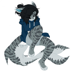 4_toes 5_fingers ambiguous_gender anthro black_hair bottomwear chibi clothing cropped_hoodie eyes_closed feet fingers hair hair_bun shorts simple_background smile solo striped_body stripes tail toes white_background nollya aquatic fish requiem_shark shark tiger_shark 1:1 colored digital_drawing_(artwork) digital_media_(artwork) hi_res shaded simple_shading