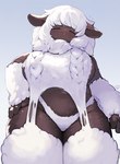 anthro big_breasts black_body black_skin breasts clothing ears_down eyes_closed female female_anthro fur garter_straps hand_on_hip legwear panties pivoted_ears pseudo_clothing solo thick_thighs underwear virgin_destroyer_sweater white_body white_clothing white_fur white_legwear white_panties white_underwear kishibe meme_clothing chino_(kishibe) bovid caprine mammal sheep hi_res meme