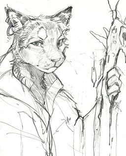 ambiguous_anthro ambiguous_gender anthro clothed clothing ear_piercing ear_ring fangs holding_object holding_staff looking_at_viewer mouth_closed piercing ring_piercing simple_background solo staff teeth akatan_art felid mammal hi_res monochrome sketch