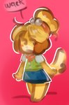 accessory anthro blouse bottomwear clothing dialogue female hair_accessory skirt solo speech_bubble string_bow topwear vest panken animal_crossing nintendo isabelle_(animal_crossing) canid canine canis domestic_dog mammal shih_tzu toy_dog