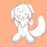 anthro blush butt butt_from_the_front chest_tuft circle_eyebrows eyebrows eyes_closed female fur genitals hair kneeling loli nude open_mouth open_smile orange_background paws pigtails pussy simple_background smile solo tuft white_body white_fur white_hair young young_anthro young_female tabon cygames world_flipper feanie_(world_flipper) canid canine canis domestic_dog mammal 1:1