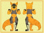 animal_genitalia anthro balls border chibi fully_sheathed fur genitals machine male orange_body orange_fur prosthetic prosthetic_limb sheath solo yellow_border whitefrog725 quest_(xenoyia) hybrid klafenrui protogen model_sheet