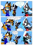 anthro chibi clothing dialogue fur grey_body grey_fur group jade_(realta) male multicolored_body orange_body orange_fur sound_effects speech_bubble text trio realta22 realta spyralis bat-eared_fox canid canine canis dobermann domestic_dog fox humanoid mammal maned_wolf pinscher comic hi_res