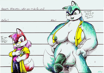 ambiguous_gender animal_genitalia anthro balls black_nose breasts clenched_teeth countershade_arms countershade_face countershade_legs countershade_torso countershading dipstick_tail duo eyewear fur genitals glasses green_body green_eyes green_fur green_hair green_inner_ear_fluff green_nipples green_penis green_tongue gynomorph hair half-erect humanoid_genitalia humanoid_penis hybrid_genitalia hybrid_penis hyper inner_ear_fluff intersex markings navel nipples open_mouth penis pink_eyes pink_hair red_body red_fur science sheath sheathed_humanoid_penis tail tail_markings teeth text tongue transformation tuft vein veiny_balls white_body white_fur white_inner_ear white_inner_ear_fluff white_markings drake_fenwick canid canine fox mammal english_text