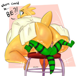 anthro balls big_breasts big_butt breasts butt butt_focus butt_smother clothing coat dominant dominant_female duo female genitals huge_butt lab_coat lab_coat_only larger_female long_tail looking_back male male/female penis rear_view shaking side_boob sitting sitting_on_another size_difference smaller_male smothering squish tail teasing thick_thighs topwear trembling oliburgob undertale_(series) alphys cameron_(skunkdude13) lizard reptile scalie absurd_res hi_res