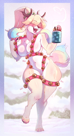 anthro big_breasts blush breasts eyes_closed female genitals snow solo vulva rainbowscreen rachel_(rainbowscreen) canid canine canis domestic_dog mammal absurd_res hi_res