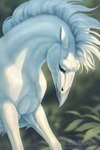 ambiguous_gender beak copyright_symbol feral grey_beak looking_down mane shadow solo symbol text white_body white_ears chiakiro equid hybrid mammal 2021 artist_name digital_media_(artwork) digital_painting_(artwork) url