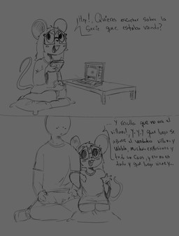 anthro buckteeth clothing computer dialogue duo electronics eye_contact eyewear female furniture glasses hair kneeling laptop long_hair looking_at_another male messy_hair mouse_tail pillow sitting sitting_on_another size_difference speech_bubble table teeth text mamasoyanini human mammal mouse murid murine rodent comic hi_res monochrome sketch translated
