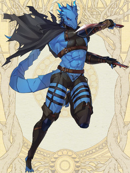 abs anthro athletic barefoot belt biped blade blue_body blue_skin cape cloak clothed clothing dagger dual_wielding feet holding_object holding_weapon looking_at_viewer male melee_weapon midriff muscular muscular_anthro muscular_male seductive skimpy solo tail tattoo weapon womb_tattoo aaassstaro mythology dragon lizard mythological_creature mythological_scalie reptile scalie 3:4 digital_media_(artwork)