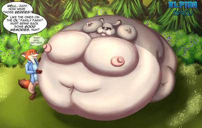 anthro areola belly belly_expansion big_areola big_belly big_breasts big_cheeks big_nipples black_eyebrows black_nose body_inflation breast_expansion breasts brown_tail_tip cheek_expansion chubby_cheeks dialogue dipstick_tail duo expansion eyebrows female female_anthro green_eyes grey_body grey_ears hand_on_another's_belly hand_on_belly huge_belly huge_breasts huge_cheeks hyper hyper_belly hyper_breasts hyper_cheeks hyper_inflation immobile inflation male male_anthro markings multicolored_body navel nipples nude nude_anthro nude_female open_mouth open_smile orange_body orange_ears orange_tail outside pink_areola pink_nipples pink_tongue plant purple_eyes red_mouth sharp_teeth shrub smile speech_bubble spherical_inflation tail tail_markings talking_to_another tan_body tan_inner_ear teeth text tongue tree two_tone_body elpida_(artist) disney zootopia judy_hopps nick_wilde canid canine european_rabbit fox lagomorph leporid mammal oryctolagus rabbit red_fox true_fox 2021 artist_name colored dated digital_media_(artwork) english_text hi_res shaded