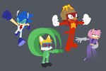 anthro clothing costume female group heroic_pose male pose smile superhero superpowers tail the_international_justice_league_of_super_acquaintances captain_molasses nickelodeon sega sonic_the_hedgehog_(series) spongebob_squarepants amy_rose captain_magma knuckles_the_echidna miles_prower miss_appear sonic_the_hedgehog the_elastic_waistband the_quickster canid canine echidna eulipotyphlan fox hedgehog mammal monotreme 2024 hi_res