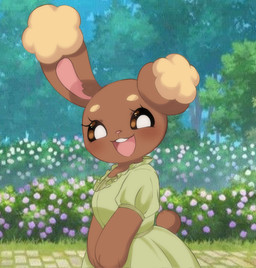 anthro biped brown_body brown_eyes brown_fur clothed clothing day dress eyelashes female flower fur grass green_clothing green_dress happy looking_at_viewer open_mouth open_smile outside paws plant pupils scut_tail short_tail shrub smile solo tail teeth tongue tree white_pupils piyolondres nintendo pokemon buneary generation_4_pokemon pokemon_(species) 2026 hi_res