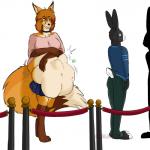 anthro belly big_belly bottomwear clothed clothing collar female female_pred group queue skirt sweater topwear vore datblangry autumn_(praexon) canid canine fox mammal red_fox true_fox 1:1