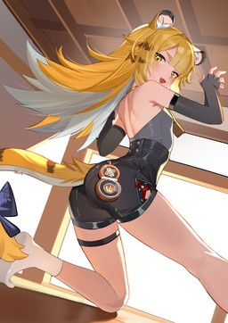bangs black_bottomwear black_clothing black_shorts blonde_hair blush bottomwear bow_ribbon clothing corset detailed_background exposed_back female green_eyes hair inside lingerie looking_at_viewer looking_down looking_down_at_viewer low-angle_view multicolored_hair rear_view shorts side_bangs solo stripes thigh_strap topwear two_tone_hair white_hair yueyueyao2002 mihoyo zenless_zone_zero ju_fufu animal_humanoid felid felid_humanoid humanoid mammal mammal_humanoid pantherine pantherine_humanoid thiren tiger_humanoid 2025 absurd_res hi_res