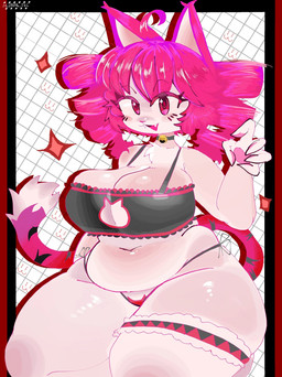 ahoge alternate_species anthro bell_choker big_breasts black_border black_clothing black_topwear border breasts cat_lingerie choker cleavage clothed clothing drill_curls eyelashes fangs female front_view fur hair jewelry lingerie navel necklace open_mouth open_smile pink_body pink_eyes pink_fur pink_hair pink_nose red_border slightly_chubby smile solo teeth thick_thighs topwear wide_hips miaval_tec utau kasane_teto domestic_cat felid feline felis mammal hi_res