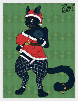 4_toes anthro bell bell_collar belt belt_buckle big_breasts border bottomless breasts brown_belt brown_collar buckle button_(fastener) christmas_clothing christmas_headwear christmas_tree claws clothed clothing clothing_lift collar digitigrade dress dress_lift feet female fishnet_clothing fishnet_legwear genitals hair headgear headwear holidays jingle_bell jingle_bell_collar legwear looking_at_viewer multicolored_body nails nipple_dip nipple_outline nipples one_breast_out pattern_background plant red_hair santa_dress simple_background slightly_chubby solo strapless_clothing strapless_dress tail toes tree two_tone_body vulva white_border pyne christmas night_in_the_woods mae_borowski domestic_cat felid feline felis mammal absurd_res hi_res