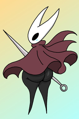 blush blush_lines cloak clothed clothing female gradient_background simple_background solo upskirt upskirt_view wardrobe_malfunction weapon soxysox hollow_knight_(franchise) team_cherry hornet_(hollow_knight) humanoid 2:3 hi_res
