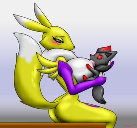 ambiguous_gender anthro armwear big_breasts blush breastfeeding breasts butt clothing duo elbow_gloves eyes_closed eyeshadow female gloves handwear holding_another huge_breasts looking_at_another makeup nipple_fetish nipple_play nipple_suck sitting size_difference sucking chameloshi bandai_namco digimon nintendo pokemon digimon_(species) generation_5_pokemon pokemon_(species) renamon zorua