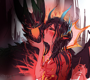 angry aroused black_hair blush bodily_fluids breath clothing dress duo embarrassed female hair hand_on_another's_face heart_symbol horn kissing kissing_cheek long_hair looking_at_another loving_aura loving_gaze male male/female membrane_(anatomy) membranous_wings messy_hair not_furry panting pointy_ears red_body red_clothing red_dress red_skin steam sweat text wings popisya dota valve akasha_the_queen_of_pain terrorblade demon humanoid monstrous_demon succubus 2025 hi_res russian_text sketch