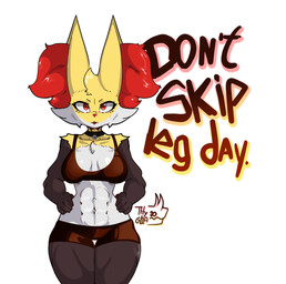 abs anthro chest_fur clothed clothed_anthro clothed_female clothing delphoxite_(mega_stone) female female_anthro mega_stone mega_stone_collar muscular muscular_anthro muscular_female pokemorph serious_face solo thick_thighs wide_hips thyglia_fox nintendo pokemon canid canine delphox generation_6_pokemon mammal pokemon_(species) hi_res