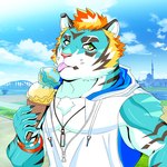 anthro biceps blonde_hair dessert food fur green_eyes hair ice_cream ice_cream_cone male muscular muscular_anthro muscular_male pecs solo striped_body striped_fur stripes starodinblack lifewonders live_a_hero rexer felid mammal pantherine tiger 1:1 hi_res