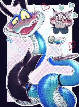 anthro blue_body blue_scales blush bunny_costume clothed clothing costume duo ear_tuft fangs feral fur green_clothing green_sweater green_topwear grey_body grey_fur male male/male scales sweater teeth topwear tuft whiskers yellow_eyes shimo_mi_0503 disney zootopia gary_de'snake pawbert_lynxley felid feline lynx mammal pit_viper reptile scalie snake viper 2025 digital_media_(artwork) hi_res