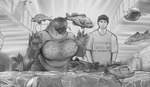 anthro aquarium big_breasts breasts clothed clothing duo female fin fish_tank fully_clothed huge_breasts human_on_anthro interspecies interspecies_romance larger_female lips male membrane_(anatomy) overweight overweight_anthro overweight_female romantic romantic_couple shirt size_difference smaller_male t-shirt tail tail_fin text thick_lips topwear vivarium webbed_hands whiskers doctordj catfish fish human mammal marine english_text hi_res