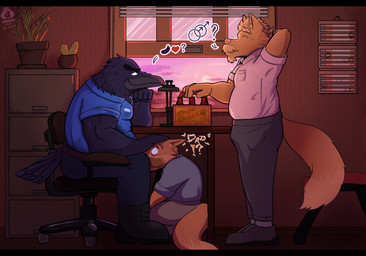age_difference anthro beer_bottle belly biceps black_bars boots bottle clothed clothed_sex clothing container desk fellatio flirting footwear furniture group hand_on_head inside male male/male mature_male oblivious office oral penile penis_silhouette sex shoes slightly_chubby stealth_sex table text triceps trio under_table wide_eyed nomismutt darthaught_(fluffydarkrai) luther_(nomismutt) avian bird canid canine corvid corvus_(genus) crow mammal oscine passerine absurd_res english_text hi_res letterbox father_(lore) father_and_child_(lore) father_and_son_(lore) parent_(lore) parent_and_child_(lore) parent_and_son_(lore) son_(lore)