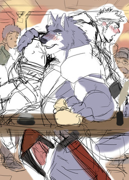 anthro big_penis blush carrying_another carrying_partner drunk erection eye_scar facial_scar fur genitals grey_body grey_fur group hair holding_partner human_on_anthro imminent_sex interspecies larger_anthro larger_male male male/male multicolored_body multicolored_fur muscular muscular_anthro muscular_male pecs penis scar shoulder_carry size_difference smaller_human smaller_male substance_intoxication text white_body white_fur ron9 canid canine canis human mammal wolf translation_request