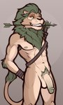 anthro arrow_(weapon) bodily_fluids erection fur genital_fluids genitals green_body green_eyes green_fur green_hair green_penis hair humanoid_genitalia humanoid_penis male nipples nude penis piercing ranged_weapon simple_background smile solo tail weapon clyde_wolf felid lion mammal pantherine 3:5 digital_media_(artwork) hi_res