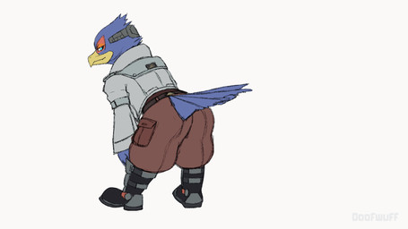 anthro beak blue_body blue_feathers bottomwear bottomwear_down butt clothed clothing feathers male mooning pants pants_down partially_clothed shaking_butt doofwuff nintendo star_fox super_smash_bros. falco_lombardi avian 16:9 animated frame_by_frame hi_res loop widescreen