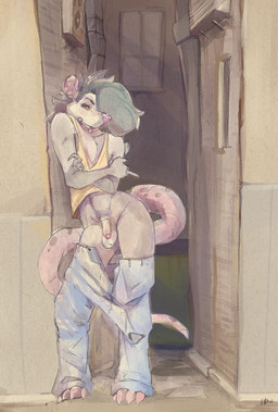 4_toes anthro balls barefoot bottomwear bottomwear_down claws clothed clothing feet flaccid foreskin genitals gesture hand_gesture male middle_finger pants pants_down partially_clothed penis public public_exposure solo standing toe_claws toes gobcorp notde_(character) american_opossum mammal marsupial hi_res