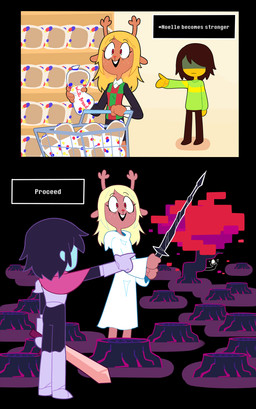 anthro antlers brand_parody clothing duo female horn melee_weapon shopping_cart snowgrave sword weapon miscon deltarune murrlogic1 undertale_(series) wonder_bread kris_dreemurr noelle_holiday deer human mammal absurd_res colored hi_res