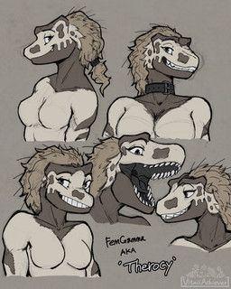 anthro black_tongue breasts brown_hair choker choker_only clothed clothing featureless_breasts female hair jewelry looking_at_viewer mottled mottled_body necklace necklace_only nude open_mouth ponytail pose sharp_teeth snout solo teeth text tongue topless vitaliachiever therocy_(vitaliachiever) dinosaur dromaeosaurid prehistoric_species reptile saurischian scalie theropod 4:5 absurd_res artist_name bust_portrait character_name digital_drawing_(artwork) digital_media_(artwork) english_text greyscale hi_res monochrome multiple_images portrait