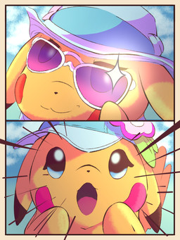 bedroom_eyes black_body black_fur black_nose blue_eyes clothing duo eyewear female feral fur hand_on_face hat headgear headwear male male/female narrowed_eyes red_body red_fur seductive solo_focus sunglasses surprised yellow_body yellow_fur the_creacher nintendo pokemon mr._windychu ms._wavychu generation_1_pokemon mammal pikachu pokemon_(species) rodent 3:4 comic hi_res