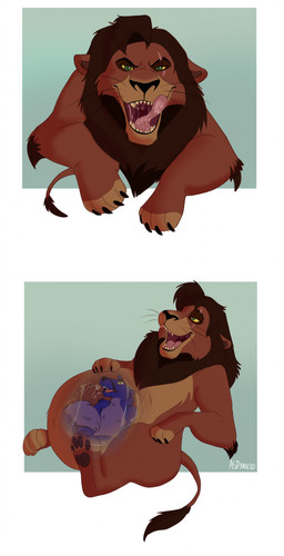 anthro anthro_prey belly big_belly blue_body blue_fur bodily_fluids brown_body brown_fur duo eye_scar facial_scar feral feral_pred fur green_eyes internal male male_pred open_mouth oral_vore organs saliva scar sharp_teeth stomach teeth tongue tongue_out vore yellow_sclera chubbyjam disney the_lion_king kovu_(the_lion_king) felid lion mammal pantherine hi_res