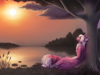 anthro cloud day detailed_background female flower fur grass green_eyes hair nude pink_body pink_fur plant sky solo sun sunset tree water white_hair neotheta domestic_cat felid feline felis mammal 2012 hi_res