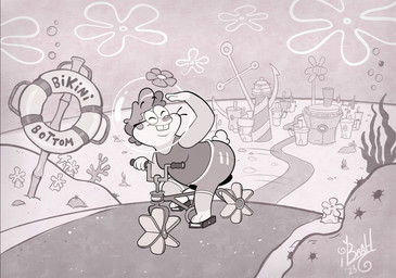 anthro bicycle big_butt bottomwear bubble butt city city_background clothed clothing cotton_tail detailed_background eyewear flower flower_on_helmet fur glasses hair male overweight plant riding_bike sea shirt shorts simple_background smile solo tail teeth text topwear underwater vehicle water ibrah_(artist) nickelodeon spongebob_squarepants brownee_(ibrah) lagomorph leporid mammal rabbit digital_media_(artwork) hi_res monochrome