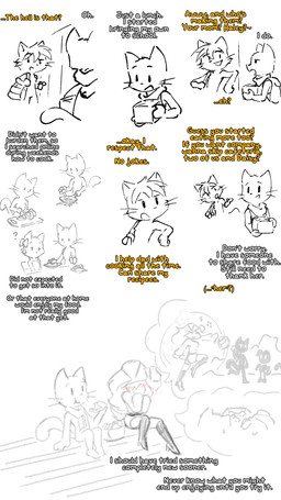 accessory bag blush blush_lines boots bow_ribbon box clothing container cooking cookware cutting_board dialogue eating eating_food embarrassed food footwear frying_pan fur hair hair_accessory hair_bow hair_ribbon high_heeled_boots high_heels kitchen_utensils long_hair male mostly_nude open_mouth package plate question_mark ribbons sandwich_(food) scarf scarf_only shoes short_hair speech_bubble text tools whiskers anonymous_artist bittersweet_candy_bowl fan_character haley_(bcb) mike_(bcb) paulo_(bcb) bird_dog canid canine canis domestic_cat domestic_dog felid feline felis golden_retriever hunting_dog korat_cat mammal retriever somali_cat 9:16 comic digital_drawing_(artwork) digital_media_(artwork) english_text hi_res line_art