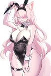 anthro big_breasts black_clothing black_leotard blue_eyes braided_hair breasts bunny_costume chest_tuft clothing costume eye_through_hair eyebrow_through_hair eyebrows eyelashes fake_ears fake_rabbit_ears female fur hair inner_ear_fluff kemono legband leotard nipple_outline pink_body pink_fur pink_hair shirt_collar shirt_cuffs solo thick_thighs thighband translucent translucent_hair tuft white_body white_fur wide_hips inuuuuuuuun canid canine canis mammal 2025 absurd_res hi_res