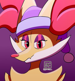 anthro clothing eyelashes eyeshadow fur inner_ear_fluff looking_at_viewer makeup markings multicolored_body multicolored_fur purple_clothing red_body red_eyes red_fur solo tuft white_body white_fur yellow_body yellow_fur gamesfan nintendo pokemon delphox generation_6_pokemon pokemon_(species) absurd_res hi_res icon signature