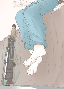 4_toes 5_fingers ambiguous_gender anthro barefoot blue_clothing claws clock clothed clothing feet finger_claws fingers foot_focus foot_shot fur gesture hand_gesture pawpads paws pink_pawpads sitting solo toes v_sign watch weapon white_body white_claws white_fur wristwatch young young_anthro makioraku canid canine canis mammal wolf absurd_res hi_res