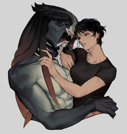 black_eyes black_hair clothed clothed/nude clothed_human clothing duo female female_human female_on_humanoid hair hand_on_hair hand_on_tentacle hug human_on_humanoid interspecies light_body light_skin male male/female male_humanoid male_on_human mandibles muscular muscular_humanoid muscular_male not_furry nude nude_humanoid nude_male open_mouth pseudo_hair sharp_teeth shirt short_hair simple_background t-shirt teeth tentacle_hair tentacles topwear xenophilia leafjuly predator_(franchise) alien alien_humanoid human humanoid mammal yautja absurd_res colored hi_res