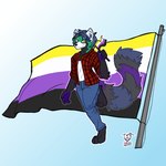 4_toes 5_fingers ambiguous_gender anthro black_body black_fur blue_hair clothing ear_piercing feet fingers flag flag_(object) fur green_body green_fur hair holding_flag holding_object intersex lgbt_pride long_tail nonbinary_pride_colors piercing pride_color_background pride_color_flag pride_colors simple_background solo tail toes yellow_eyes sakary_yoliztli lgbt_pride_month nick_komamura ailurid mammal red_panda 1:1 hi_res nonbinary_(lore)