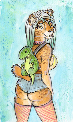 anthro backpack bottomwear breasts butt clothed clothing denim denim_bottomwear denim_clothing denim_shorts ear_piercing ear_ring female hair heterochromia nipple_outline piercing ring_piercing shorts skimpy smile solo shiverz felid mammal prehistoric_species saber-toothed_tiger