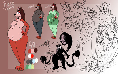3_toes anthro belly big_belly bloated bottomwear breasts clothed clothing duo eyelashes eyewear featureless_breasts feet female fingers glasses group hair male male/female navel nude overweight red_body simple_background size_difference smile solo_focus tail tail_sucker tall teeth text toes topwear villainous vore jayme_universe rose_(jayme_universe) super_rabbit_(jayme_universe) canid canine canis mammal digital_media_(artwork) english_text hi_res model_sheet