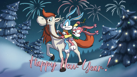 accessory anthro biped blue_body blue_fur bottomwear bow_ribbon buckteeth closed_smile clothed clothing countershade_face countershade_fur countershade_torso countershading evergreen_tree female feral fireworks fur group hair_accessory hair_bow hair_ribbon holidays hooves male mane mouth_closed night open_mouth open_smile outside pine_tree pink_body pink_bottomwear pink_clothing pink_fur pink_nose pink_skirt plant quadruped red_clothing red_mane red_shirt red_topwear reins ribbons scarf shirt skirt sky smile snow star starry_sky teeth text tongue topwear tree trio white_body white_countershading white_fur yellow_clothing yellow_shirt yellow_topwear young young_anthro young_female young_male minum new_year tiny_toon_adventures warner_brothers babs_bunny buster_bunny equid equine horse lagomorph leporid mammal rabbit 16:9 2025 absurd_res english_text hi_res widescreen
